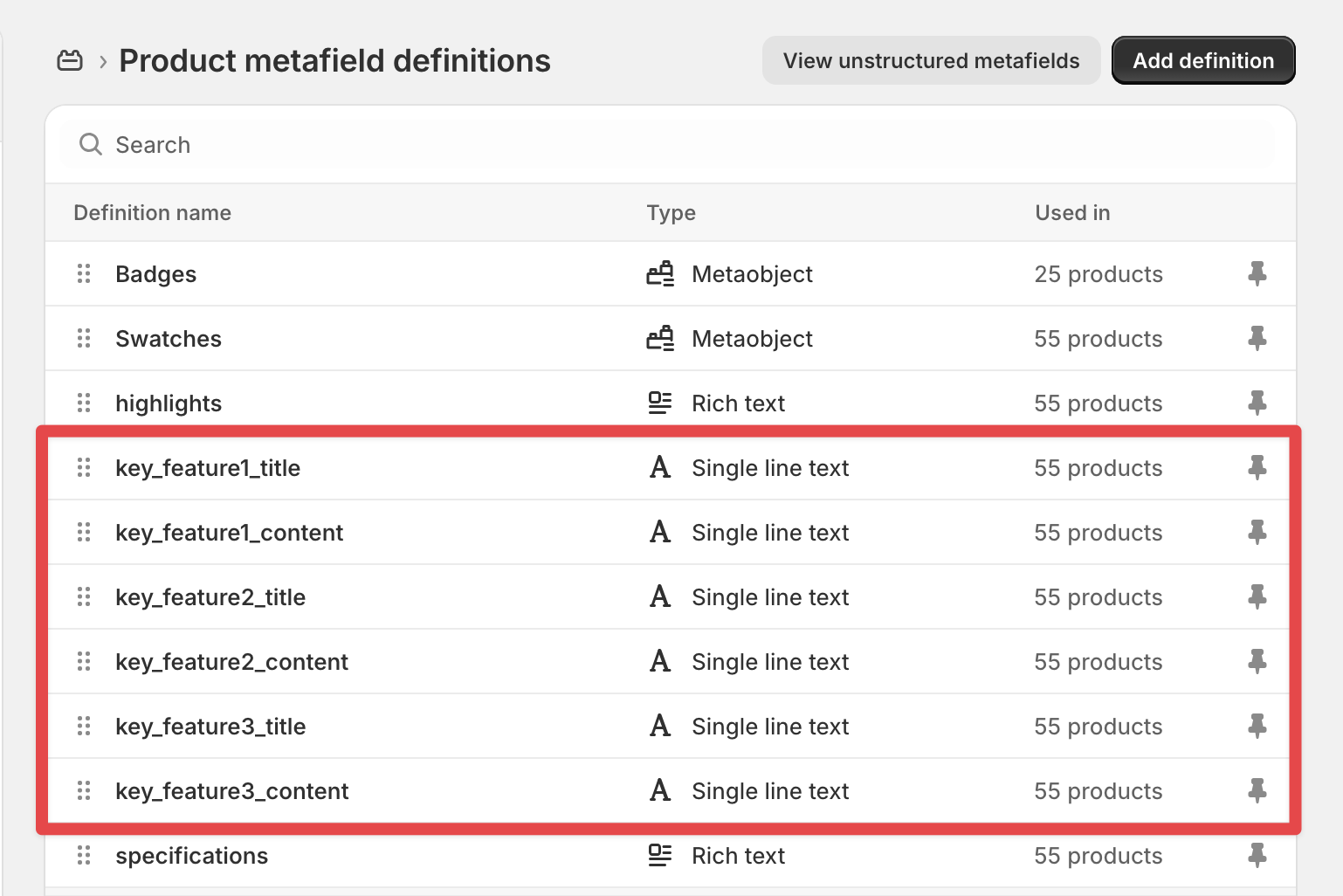 Key features metafield setup